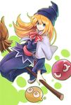  blob blonde_hair blue_dress blue_eyes blue_footwear boots bow broom broom_riding dress full_body hat knee_boots long_hair madou_monogatari puyo_(puyopuyo) puyopuyo rusuban shawl sidesaddle smile solo witch_(puyopuyo) 