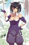  animal_ears bare_shoulders black_hair breasts cat_ears cleavage final_fantasy final_fantasy_xiv gloves hand_on_hip houtengeki large_breasts miqo'te short_hair smile solo twintails yellow_eyes 