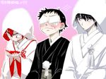  3boys blush bride crossdressing glasses groom imaizumi_shunsuke japanese_clothes kimono male_focus multiple_boys naruko_shoukichi onoda_sakamichi pixiv_manga_sample uchikake wedding yowamushi_pedal 