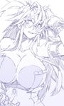  against_glass angelo_(gomahangetsu) breast_press breasts breasts_on_glass cleavage hand_in_hair himeki_luna huge_breasts long_hair messy_hair monochrome solo vanguard_princess 