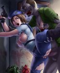  1girl against_wall areolae belt blue_eyes blush boots breasts brown_hair censored deep_rising fingerless_gloves gloves gun highres jill_valentine large_breasts leaning_forward leg_up legs monster nipples no_bra no_panties open_mouth penis police_uniform policewoman pussy rape resident_evil sex short_hair standing sweat thighs thor_(deep_rising) torn_clothes uniform vaginal weapon zombie 