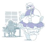  apron back baymax big_hero_6 bloomers chair colorized commentary cosplay hat hiro_hamada hood hoodie lavender_hair letty_whiterock letty_whiterock_(cosplay) long_sleeves mitsumoto_jouji shirt short_hair sitting sketch skirt skirt_set table touhou underwear vest waist_apron 