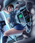  1girl areolae arm_grab arms_up ass back belt blue_eyes blush boots breasts brown_hair camera censored clenched_teeth deep_rising erect_nipples highres huge_penis jill_valentine large_breasts leaning_forward legs looking_back monster nipples no_panties open_clothes penis police_uniform rape resident_evil reverse_cowgirl_position sex short_hair sideboob sitting sitting_on_person skirt spread_legs straddling sweat tears teeth thighs thor_(deep_rising) uniform vaginal zombie 