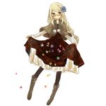  axis_powers_hetalia bad_id bad_pixiv_id black_legwear blonde_hair blue_eyes blue_flower blue_rose blush boots braid capelet dress dress_lift flower full_body glasses hair_flower hair_ornament hiiragi_(sato) long_hair long_sleeves monaco_(hetalia) no_nose pantyhose plaid plaid_dress rose simple_background single_braid smile solo white_background 