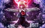  blonde_hair blood blood_on_face blood_on_fingers bloody_clothes glowing glowing_eyes hair_ribbon misaki_(kyal_001) moon open_mouth outdoors outstretched_arms petals pink_eyes red_moon ribbon rumia shirt skirt sleeves_past_wrists solo sparkle spread_arms touhou tree vest water 