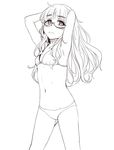  arms_behind_head arms_up bikini blush collarbone cowboy_shot eyebrows flat_chest greyscale groin lineart long_hair midriff monochrome mune navel perrine_h_clostermann simple_background solo strike_witches swimsuit white_background world_witches_series 