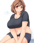  2015 banned_artist blush breasts brown_hair dated eno_konoe eyebrows fat huge_breasts mikomu original plump red_eyes short_hair solo thick_eyebrows 