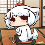  animal_ears bad_id bad_pixiv_id brown_eyes chibi cup cushion dango detached_sleeves food green_tea hat inubashiri_momiji inunoko. looking_at_viewer seiza short_hair sitting skewer solo tail tatami tea tokin_hat touhou wagashi white_hair wolf_ears wolf_tail yunomi 