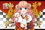  2015 :d black_gloves blue_eyes gloves hair_ornament happy_new_year horns ichinose_(sorario) japanese_clothes letterboxed long_hair looking_at_viewer new_year open_mouth original pink_hair sheep sheep_horns smile solo upper_body 