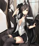  absurdres animal_ears black_hair black_legwear blush breasts brown_eyes coat collarbone haik highres long_hair looking_at_viewer navel no_bra open_clothes open_shirt original overcoat shirt skirt small_breasts smile solo tail thighhighs wolf_ears wolf_tail 