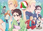  alcohol apron beer black_eyes black_hair blonde_hair bottle brown_eyes formal glasses haikyuu!! hairband haruko_(chikadoh) male_focus multiple_boys necktie sake sake_bottle smile socks suit takeda_ittetsu track_suit ukai_keishin 