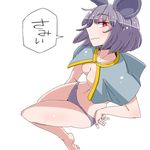  animal_ears aono3 barefoot breasts capelet cleavage collarbone grey_hair grey_panties hand_on_hip medium_breasts mouse_ears navel nazrin no_bra no_pants panties red_eyes simple_background solo speech_bubble touhou underwear wavy_mouth white_background 