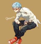  blue_hair character_name fingerless_gloves ghiaccio glasses gloves jojo_no_kimyou_na_bouken male_focus nanaharu pants red-framed_eyewear shoes simple_background sneakers solo striped striped_pants vertical-striped_pants vertical_stripes 