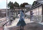  architecture blue_hair boots commentary_request east_asian_architecture fence food fruit hat highres hinanawi_tenshi ichiba_youichi long_hair namesake peach photo-referenced picket_fence place_namesake puffy_short_sleeves puffy_sleeves real_world_location road sash shirt short_sleeves skirt solo stone_lantern street torii touhou town tree wooden_fence 