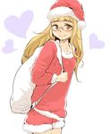  blush cowboy_shot eyebrows fur_trim glasses hat heart long_hair long_sleeves mune perrine_h_clostermann sack santa_costume santa_hat shorts simple_background smile solo strike_witches white_background world_witches_series 