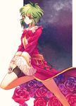  asellus_(saga_frontier) bare_legs bike_shorts bow coat expressionless flower green_eyes green_hair jewelry purple_flower purple_rose red_flower red_rose rose rusuban saga saga_frontier short_hair sky solo star_(sky) starry_sky 