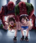  2girls all_fours areolae arm_grab ass bare_shoulders blue_eyes blush breasts brown_hair censored cum cum_in_pussy cum_on_ass deep_rising doggystyle fingerless_gloves gloves highres jill_valentine large_breasts legs monster multiple_girls nipples no_panties open_mouth orgy penis rape rebecca_chambers resident_evil sex short_hair skirt tears thighs thor_(deep_rising) torn_clothes zombie 