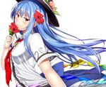  bad_id bad_pixiv_id blue_hair blush flower hair_flower hair_ornament hat hinanawi_tenshi holding long_hair looking_at_viewer necktie neropaso red_eyes shirt short_sleeves skirt solo touhou 