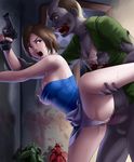  1girl against_wall areolae bare_shoulders blue_eyes blush breasts brown_hair censored deep_rising fingerless_gloves gloves gun highres jill_valentine large_breasts leaning_forward leg_up legs monster nipples no_bra open_mouth panties panties_aside penis pussy rape resident_evil sex short_hair skirt standing sweat thighs thor_(deep_rising) underwear vaginal weapon zombie 