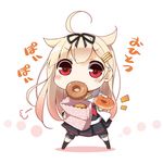  ahoge bag blonde_hair blush_stickers chibi commentary doughnut eating food food_in_mouth giving hair_flaps hair_ornament hair_ribbon hairclip jpeg_artifacts kantai_collection long_hair looking_at_viewer mouth_hold paper_bag pleated_skirt red_eyes remodel_(kantai_collection) ribbon scarf school_uniform serafuku skirt socks solo translated white_background yume_no_owari yuudachi_(kantai_collection) 