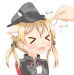  &gt;_&lt; anchor_hair_ornament animal_ears blonde_hair blue_eyes blush closed_eyes ear_pull gloves hair_ornament hat highres kantai_collection kyounami long_hair military military_uniform open_mouth out_of_frame peaked_cap prinz_eugen_(kantai_collection) solo_focus twintails uniform wavy_mouth 