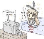  bad_id bad_pixiv_id brown_eyes brown_hair couch hairband kantai_collection long_hair meta open_mouth rensouhou-chan shimakaze_(kantai_collection) sitting sparkle television thighhighs translated turret yuasan 