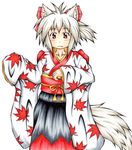  absurdres alternate_costume alternate_hairstyle animal_ears blush collarbone fang hair_ornament hair_ribbon highres inte_(whitewolftail) inubashiri_momiji japanese_clothes kimono looking_at_viewer obi red_eyes ribbon sash short_hair side_ponytail silver_hair simple_background solo tail touhou white_background wolf_ears wolf_tail yukata 