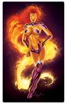 armpits boots breasts bridal_gauntlets cleavage cutout dark_background dc_comics elias_chatzoudis fiery_hair flaming_hair floating glowing glowing_eyes glowing_hair hands_on_hips lipstick long_hair looking_at_viewer makeup midriff nail_polish navel orange_hair orange_skin revealing_clothes solo space starfire teen_titans thigh_boots thighhighs very_long_hair 