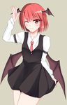  ;) absurdres alternate_hair_length alternate_hairstyle bad_id bad_pixiv_id head_wings highres koakuma necktie one_eye_closed red_eyes red_hair short_hair skirt skirt_set smile solo touhou wendell wings 