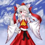  animal_ears blush collarbone cosplay detached_sleeves fang groin hair_ornament hair_ribbon hakurei_reimu hakurei_reimu_(cosplay) hat inubashiri_momiji japanese_clothes karakuri_neko_(tkfm) looking_at_viewer midriff navel one_eye_closed red_eyes ribbon ribbon-trimmed_sleeves ribbon_trim short_hair silver_hair solo tail tokin_hat touhou wolf_ears wolf_tail 