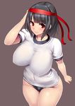  black_hair breasts brown_background buruma covered_navel gym_uniform headband huge_breasts impossible_clothes impossible_shirt ishimiso_(ishimura) kantai_collection leaning_forward looking_at_viewer red_eyes shirt short_hair simple_background smile solo takao_(kantai_collection) thighs wide_hips 