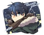  blue_eyes blue_hair breath clannad coat fur_trim male_focus okazaki_tomoya scarf solo takumi_(scya) 