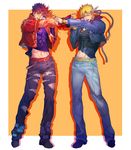  az_(kroneko007) blonde_hair bloody_stream blue_hair bracelet caesar_anthonio_zeppeli denim gradient_hair headband jacket jeans jewelry jojo_no_kimyou_na_bouken joseph_joestar_(young) microphone midriff multicolored_hair multiple_boys pants red_hair red_jacket torn_clothes torn_jeans torn_pants two-tone_hair 