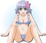  amagi_brilliant_park arm_support bikini blush breasts cameltoe cleavage green_eyes grey_hair highres medium_breasts muse_(amaburi) navel open_mouth shiny shiny_skin short_hair sitting spread_legs swimsuit takumi_(rozen_garten) 