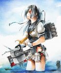  akizuki_(kantai_collection) black_eyes black_hair blue_sky chou-10cm-hou-chan clenched_hand clenched_teeth cloud cowboy_shot damaged day frown gloves hinoru_saikusa kantai_collection long_hair messy_hair microskirt neckerchief outdoors pleated_skirt puffy_short_sleeves puffy_sleeves school_uniform serafuku short_sleeves skirt sky solo teeth torn_clothes torn_skirt traditional_media wading watercolor_(medium) white_gloves 