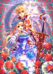  1girl blonde_hair copyright_request dress open_mouth purple_eyes shingo_(picturepuzzle) smile sword weapon 