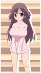  bare_legs blush breasts brown_hair hair_ornament large_breasts long_hair maya_yukiko open_mouth red_eyes ribbed_sweater saki solo sweater turtleneck ubox 