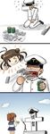  2_fuel_4_ammo_11_steel 2girls admiral_(kantai_collection) antenna_hair blue_skirt bouquet brown_hair comic crying double_bun eating flower folded_ponytail grave hat highres inazuma_(kantai_collection) incense kantai_collection knife multiple_girls naka_(kantai_collection) school_uniform serafuku silent_comic skirt smile tears thumbs_up tombstone tongue tongue_out translated y.ssanoha 