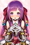  arianna_(sekaiju) armor bad_id bad_pixiv_id bare_shoulders blush bonnou-s-rice fingers_together gloves hair_ribbon long_hair looking_at_viewer open_mouth purple_eyes purple_hair ribbon sekaiju_no_meikyuu shin_sekaiju_no_meikyuu_2 solo steepled_fingers white_gloves 