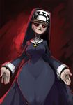  bittenhard blonde_hair breasts cross curvy double_(skullgirls) glowing glowing_eyes habit hat large_breasts looking_at_viewer nun red_eyes skullgirls smile smirk thick_thighs thighs wide_hips 