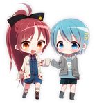  blue_eyes blue_hair bow casual chibi hair_bow hair_ornament hairclip long_hair mahou_shoujo_madoka_magica miki_sayaka mizukikushou multiple_girls orange_eyes red_hair sakura_kyouko short_hair shorts simple_background white_background 