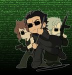  bad_id bad_pixiv_id chibi gun jojo_no_kimyou_na_bouken joseph_joestar kakyouin_noriaki kuujou_joutarou male_focus morphin_e multiple_boys parody staff the_matrix weapon 