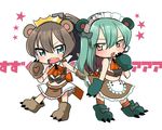  :d adapted_costume animal_ears aqua_eyes aqua_hair ascot bear_ears bear_girl bear_paws brown_hair claws commentary cosplay crown fang gloves green_eyes hair_between_eyes hand_to_own_mouth kantai_collection kemonomimi_mode kumano_(kantai_collection) looking_at_viewer maid_headdress multiple_girls oomori_(kswmr) open_mouth parody paw_gloves paw_shoes paws ponytail shoes simple_background skirt smile suzuya_(kantai_collection) teeth thighhighs v-shaped_eyebrows white_background yuri_kuma_arashi yurigasaki_lulu yurigasaki_lulu_(cosplay) yurishiro_ginko yurishiro_ginko_(cosplay) zettai_ryouiki 