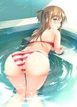  alternate_costume ass asuna_(sao) bent_over bikini blush braid breast_rest breasts brown_eyes brown_hair crossed_arms folded_ponytail hair_up half_updo long_hair looking_at_viewer looking_back medium_breasts open_mouth parted_lips partially_submerged red_bikini solo sousouman striped striped_bikini swimsuit sword_art_online thighs water 