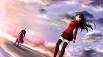  1girl archer black_hair blue_eyes fate/stay_night fate_(series) highres long_hair thighhighs toosaka_rin two_side_up xyomouse 