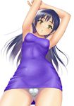  :o alternate_costume armpits arms_up bare_legs bare_shoulders blue_hair breasts collarbone covered_navel cowboy_shot from_below long_hair looking_at_viewer love_live! love_live!_school_idol_project muffin_(sirumeria) panties parted_lips small_breasts solo sonoda_umi swimsuit underwear upskirt yellow_eyes 