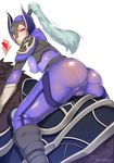  1girl artist_name ass bodysuit boots breasts cameltoe defense_of_the_ancients dota_2 helmet hews_hack high_ponytail highres large_breasts long_hair looking_at_viewer looking_back luna_(dota) pantylines purple_bodysuit purple_eyes shiny silver_hair simple_background solo thighs white_background 