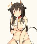  1girl akagi_(kantai_collection) alternate_costume animal_ears animal_print bell bell_collar bikini black_hair blush breasts brown_eyes cleavage collar cow_bell cow_ears cow_girl cow_print cow_tail highres hiiragi_hajime horns kantai_collection large_breasts long_hair looking_at_viewer navel plump simple_background solo swimsuit tail tail_raised thighhighs 