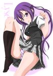  black_legwear feet gochuumon_wa_usagi_desu_ka? highres kneehighs leg_up long_hair no_shoes panties pantyshot plaid plaid_skirt purple_eyes purple_hair school_uniform skirt solo tatsuya_(guild_plus) tedeza_rize tedeza_rize's_school_uniform underwear vest 