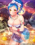  blue_hair blush bracelet breasts chiori_(pixiv9569926) cleavage flower food fruit hairband jewelry large_breasts mole mole_under_eye momohime_ryouran!_sengoku_asuka naked_towel necklace onsen original ponytail sky smile solo sunset towel water yellow_eyes yuzu_(fruit) yuzu_bath 